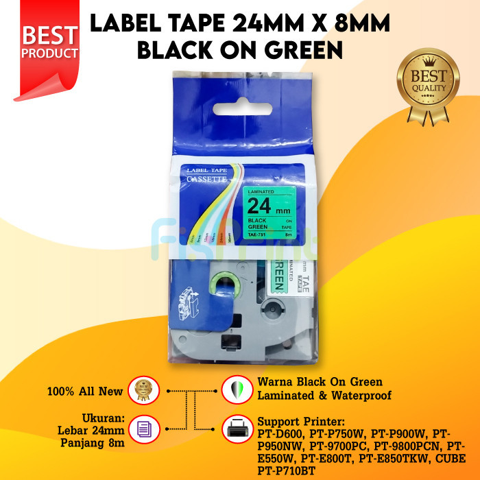 

Label Tape 24mm Black On Green TZe-751 TZE-751 Laminated Casette Compatible
