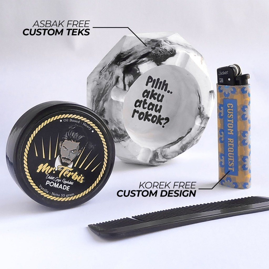 Hampers Pomade Korek Custom Sisir Asbak Ashtray Custom Teks Kado Kado Ulang Tahun Sahabat | Kado Wis
