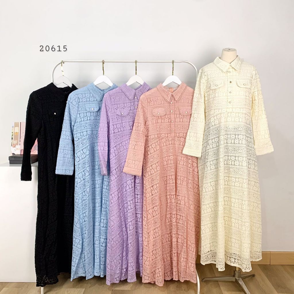 DRESS BRUKAT RENDA KERAH VARIASI ACC BUTTON PEARL TWIN POCKET LENGAN PANJANG PREMIUM WANITA TERUSAN 