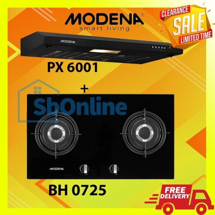 MODENA Paket Kompor Tanam 2 Tungku 70 cm dan Cooker Hood 60 cm - BH 0725 & PX 6001