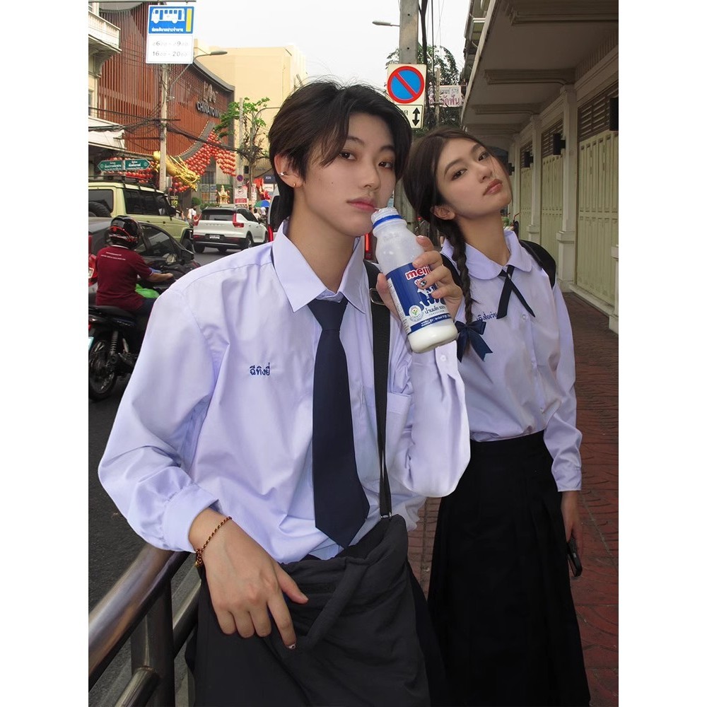 Thai Summer Couple Student JK Uniform Academy Purple Long sleeved Thai School Uniform Shirt Top Wome