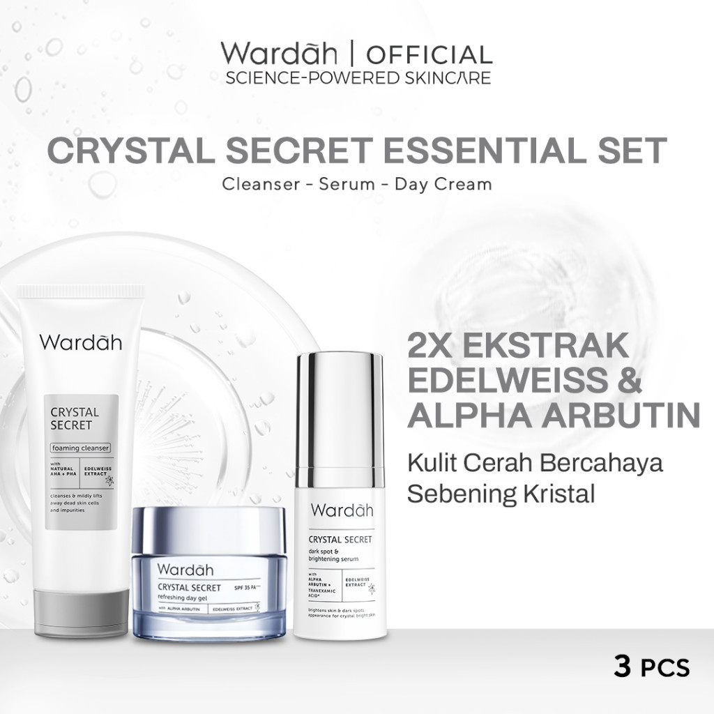 Wardah Crystal Secret Essential Package (Cleanser 100 ml, Serum 20 ml, Day Cream 30 g) - Rangkaian S