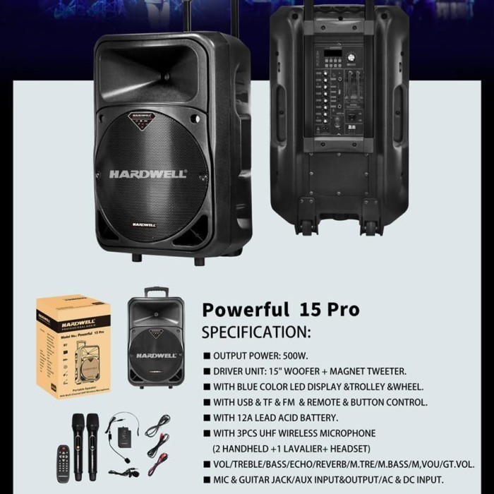 SPEAKER 15 INCH AKTIF HARDWELL POWER FULL 15 PRO ORIGINAL PORTABLE