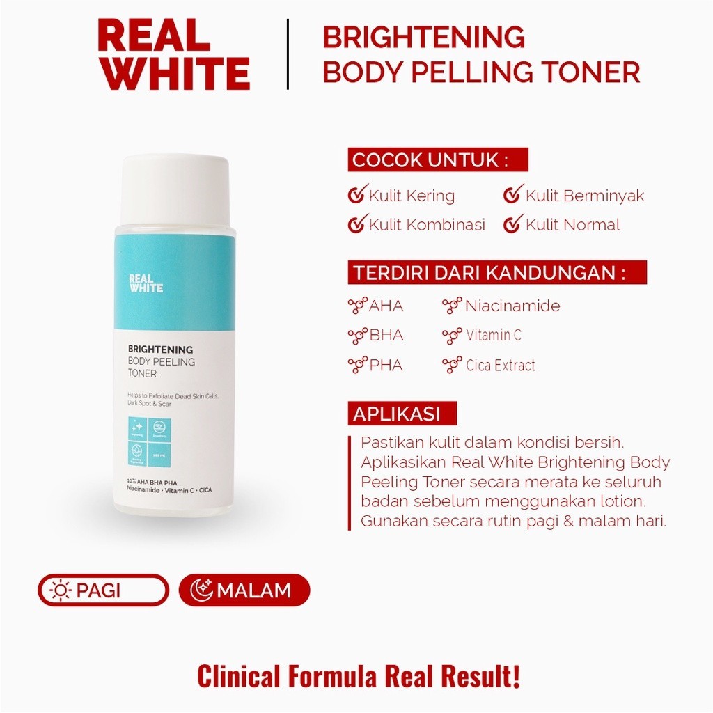 REAL WHITE Toner Pemutih Badan Brightening Body Peeling Exfoliating Toner | BPOM HALAL Skincare Whit