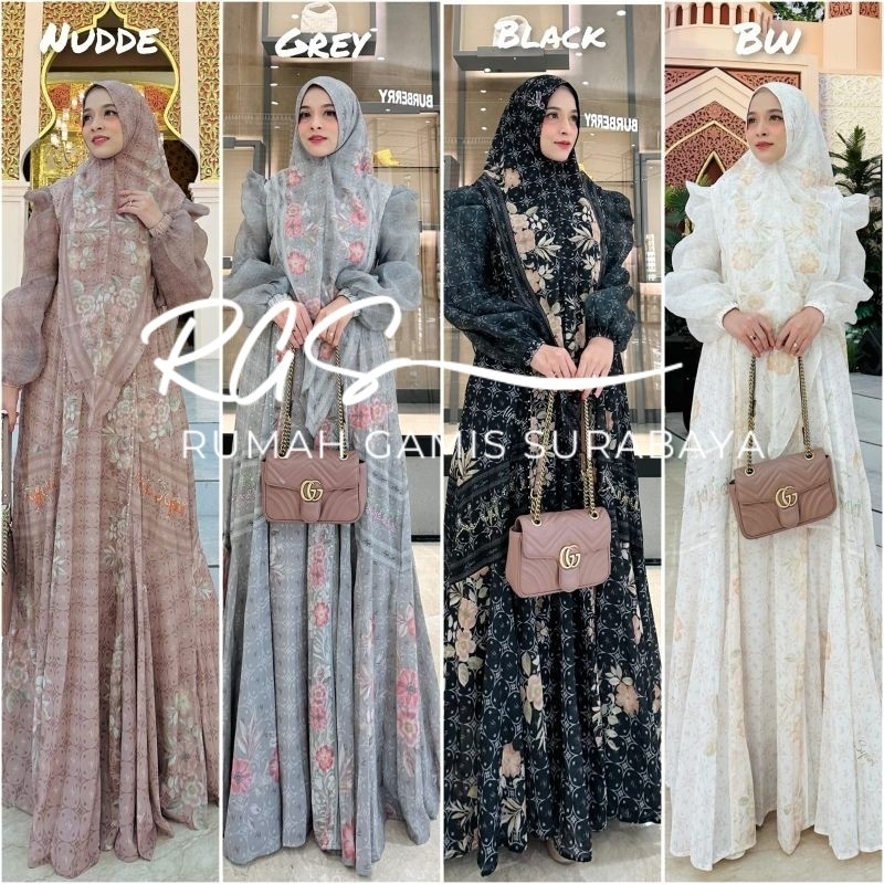 ARUMI SERIES by ALYA Syari Branded Ceruty Jersey Organza Hitam Putih Abu Cream READY RGS