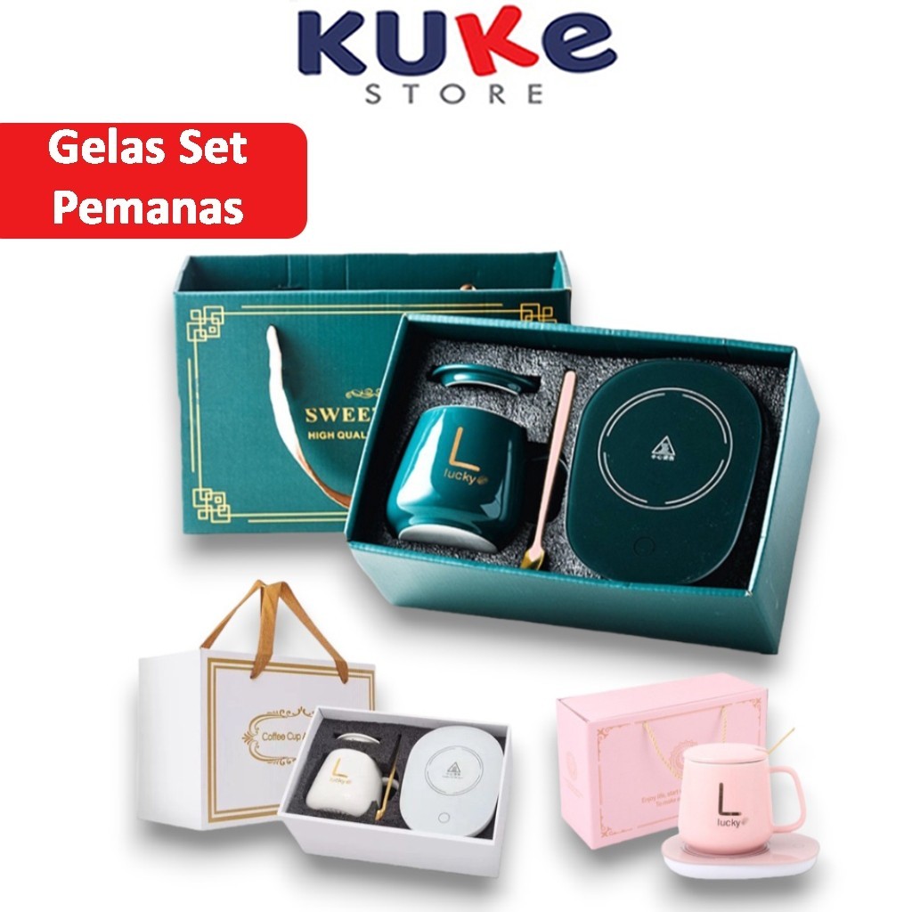 KUKE GELAS SET KERAMIK PEMANAS / CANGKIR SET DENGAN ALAT PEMANAS / MUG CANGKIR ELEKTRIK GELAS PEMANA