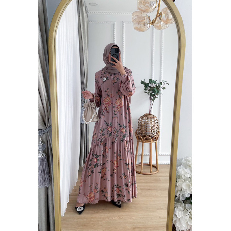 Long Dress Outfit Remaja Gamis Pantai Pakaian Muslim Wanita Bahan Rayon Premium Motif Daun By Kareen