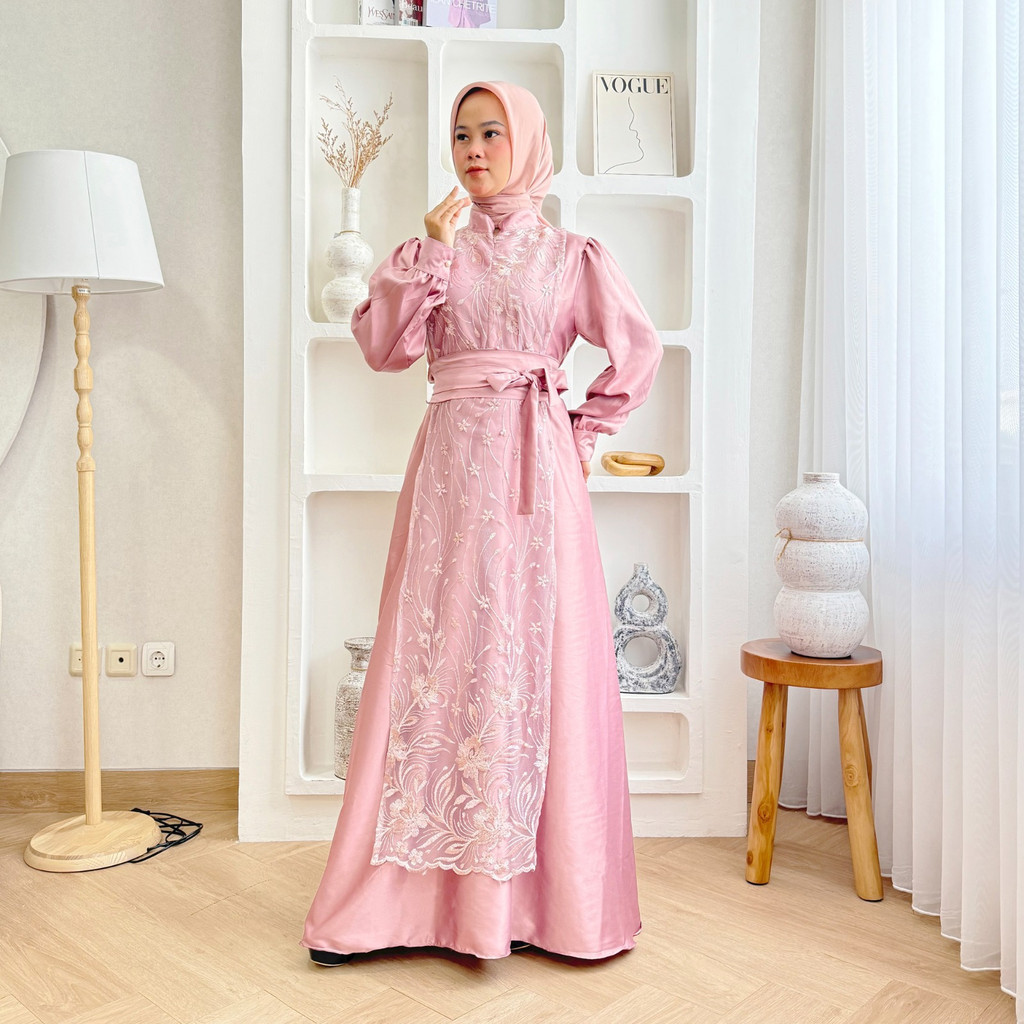 Demore Vinara Dress Satin Cantik - Gamis Kondangan Kombinasi Brokat Ellegan