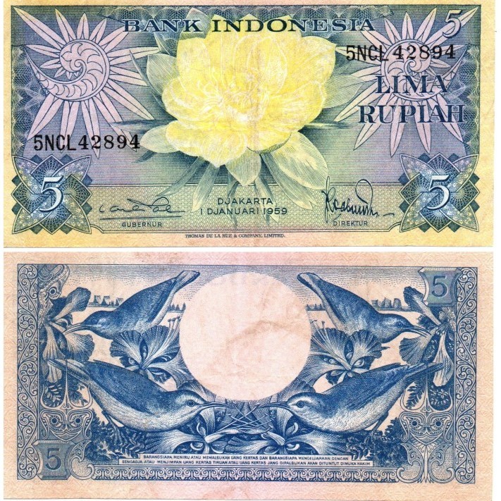 Uang Kertas 5 Rupiah Seri Bunga (Tahun 1959) XF
