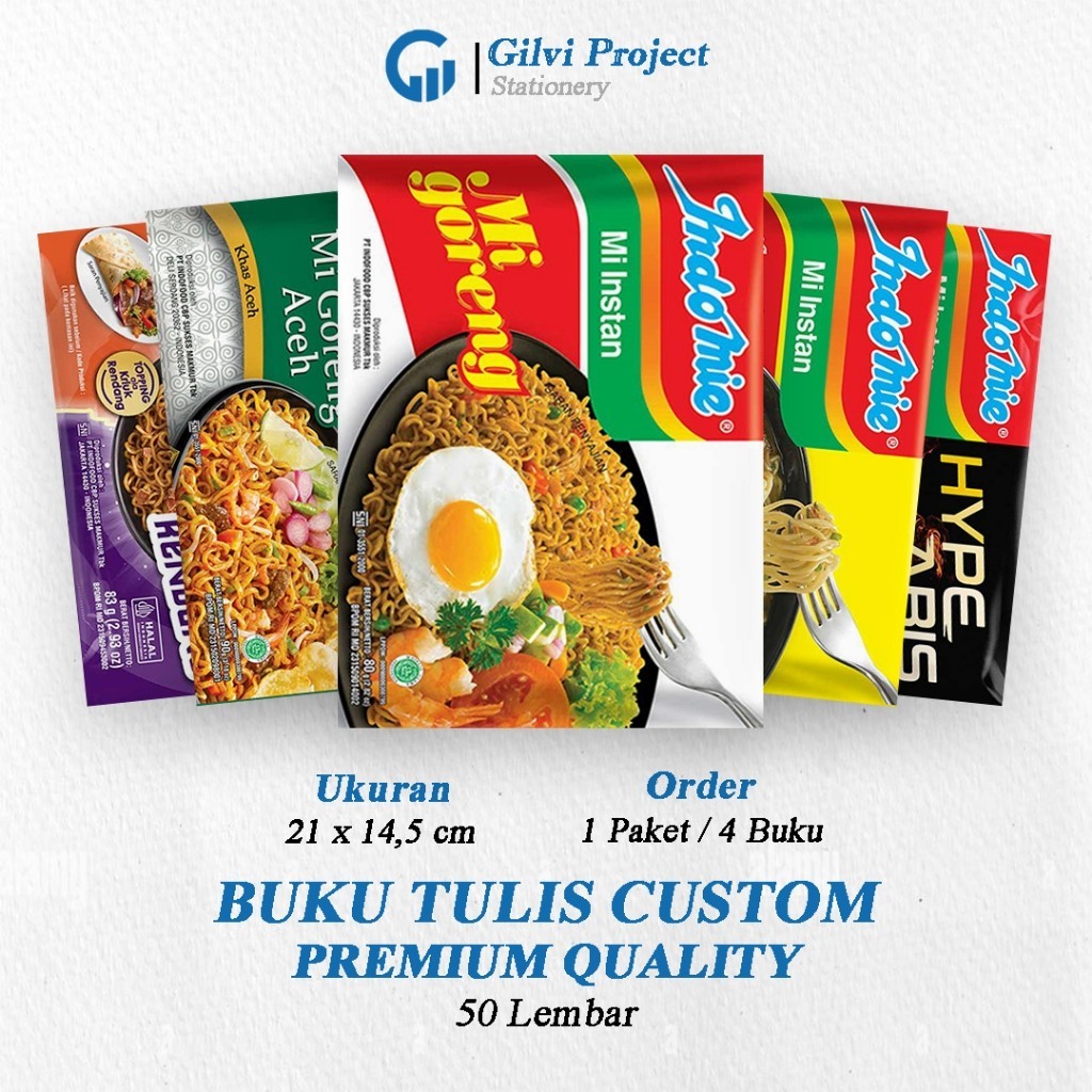 

Buku Tulis Sekolah Custom Tema INDOMIE Bergaris 50 Lembar 1 Pak Isi 4 Buku/ Buku Tulis Anime/ Buku Aesthetic/ Buku Catatan