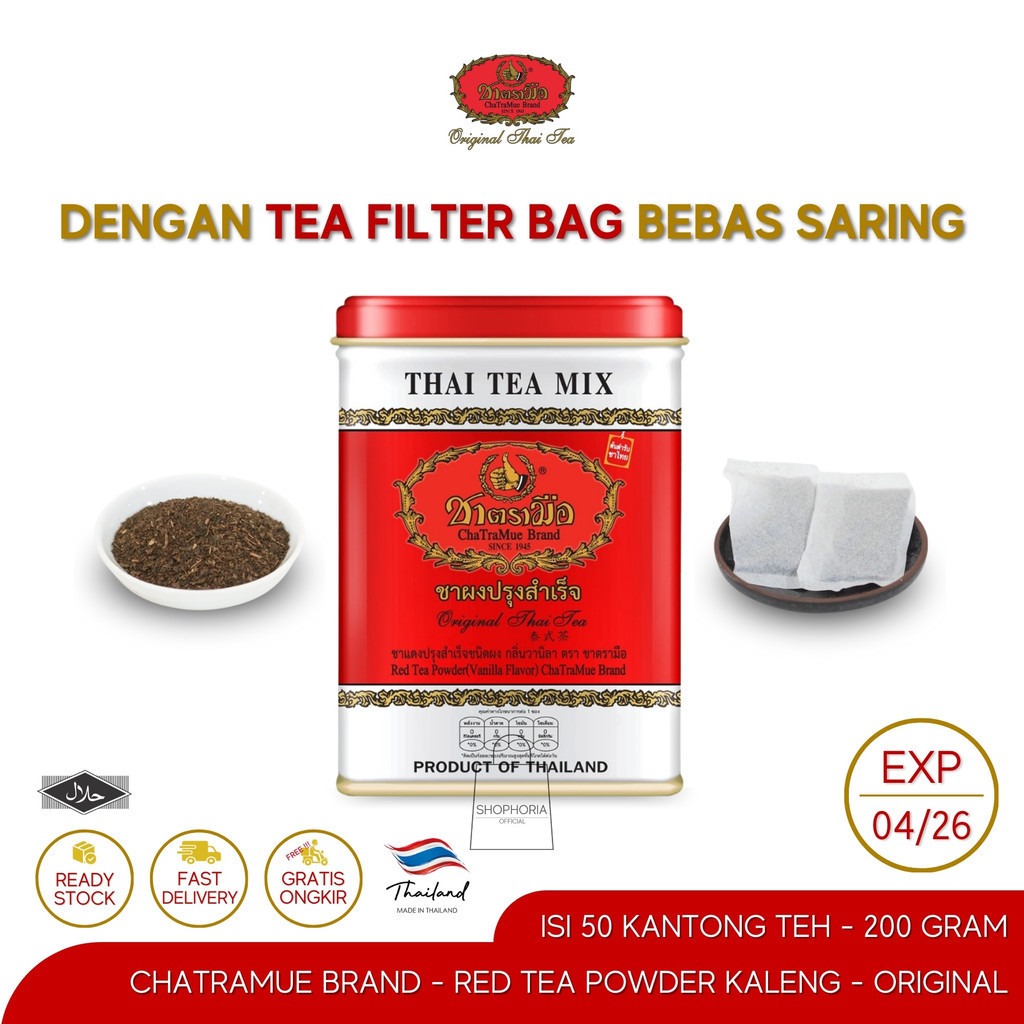 

Chatramue Brand Thai Milk Red Tea Powder Kemasan Kaleng Isi 50 Kantong Berat 200 Gram OriginalThailand Teh Celup Filter Bag Instant Bebas Saring Rasa Flavour Bubuk Merah Hitam Cha Tra Mue