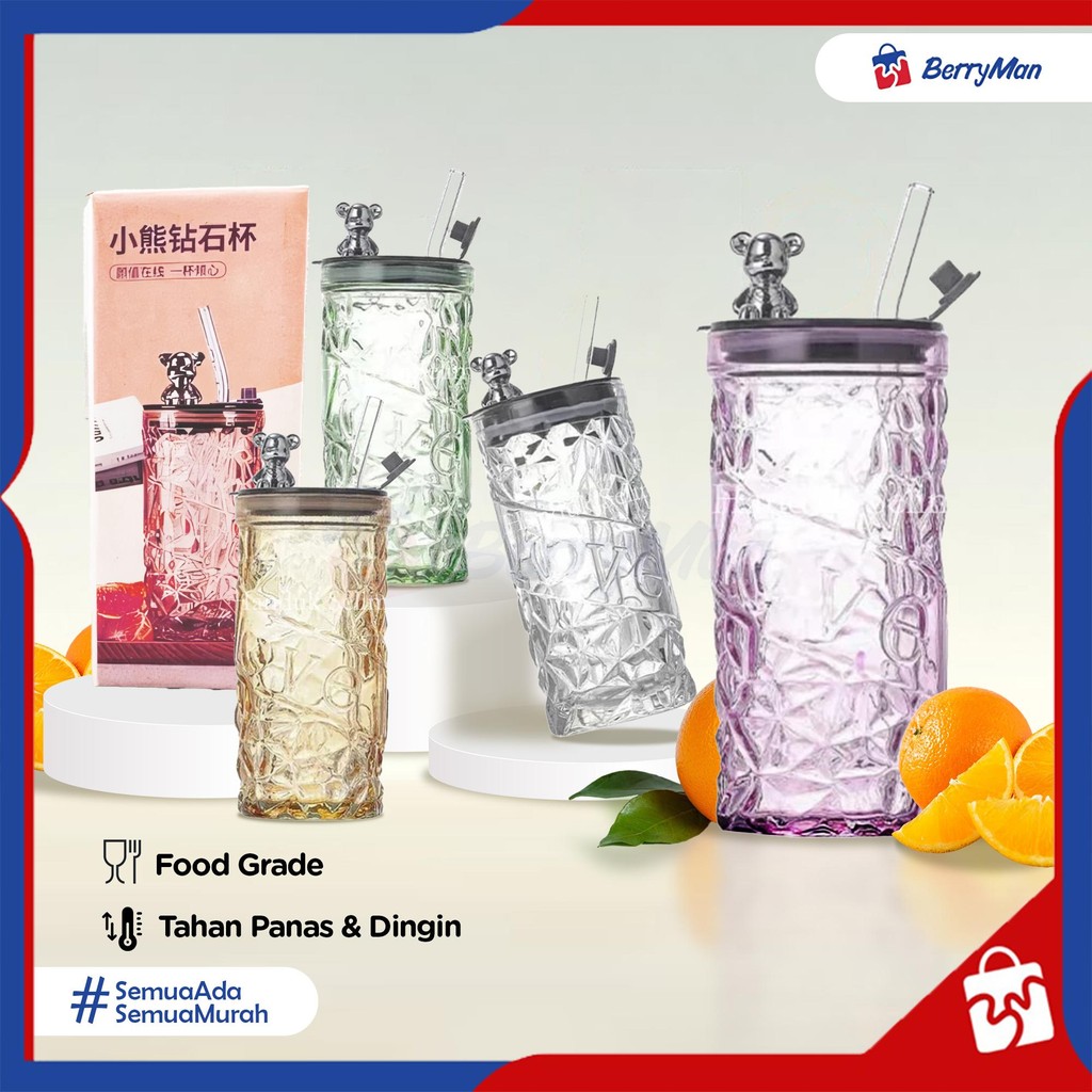 GELAS KACA BERUANG 420 ML Botol Air Minum Tumbler Motif Kristal Anti Tumpah Estetik Food Grade