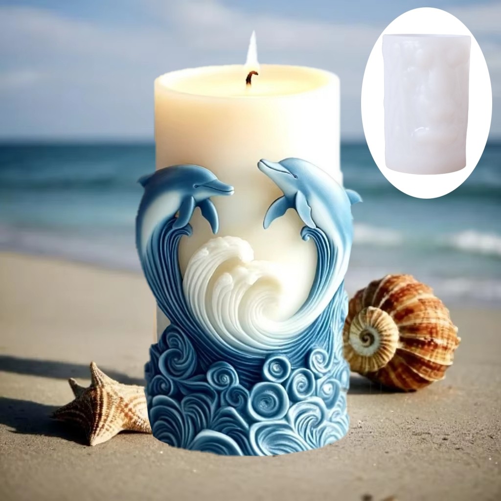 

2024 ocean wave foam cylindrical candle silicone mold whale dolphin relief cylindrical candle mould gypsum resin molds