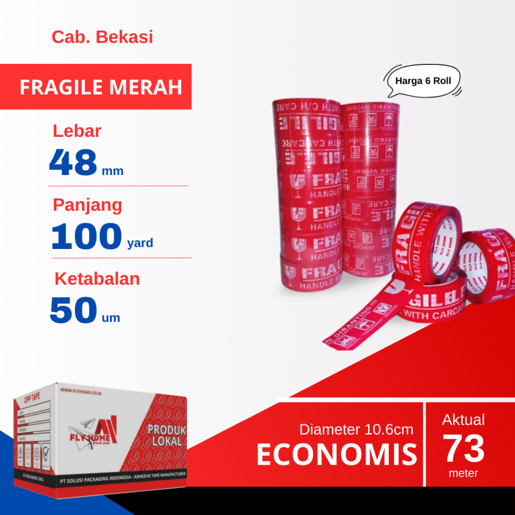 

FLYHOME 6Roll Lakban Fragile Merah 48x100Y 2inci Uk Besar ECO 100 Yard