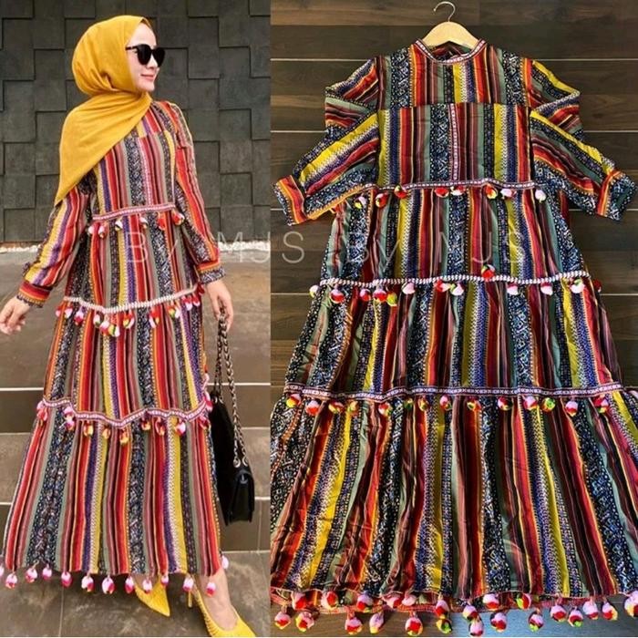 TM 8810 Maxi Dress Wanita Pompom Indian Ice Silk Crepe - -, -