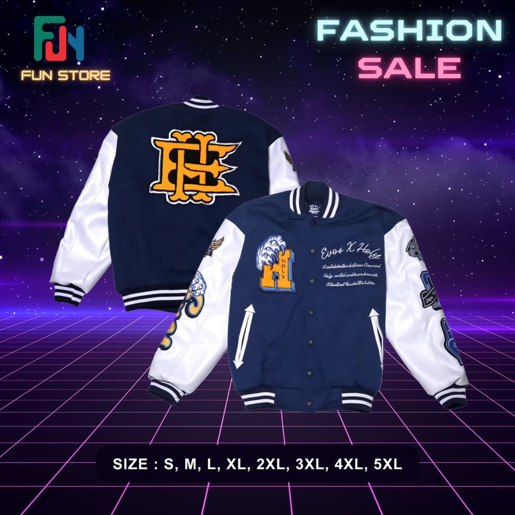 Jaket evos x holy varsity terbaru tahun 2025 alterego echo onic evos over size s m l xl 2xl 3xl jake