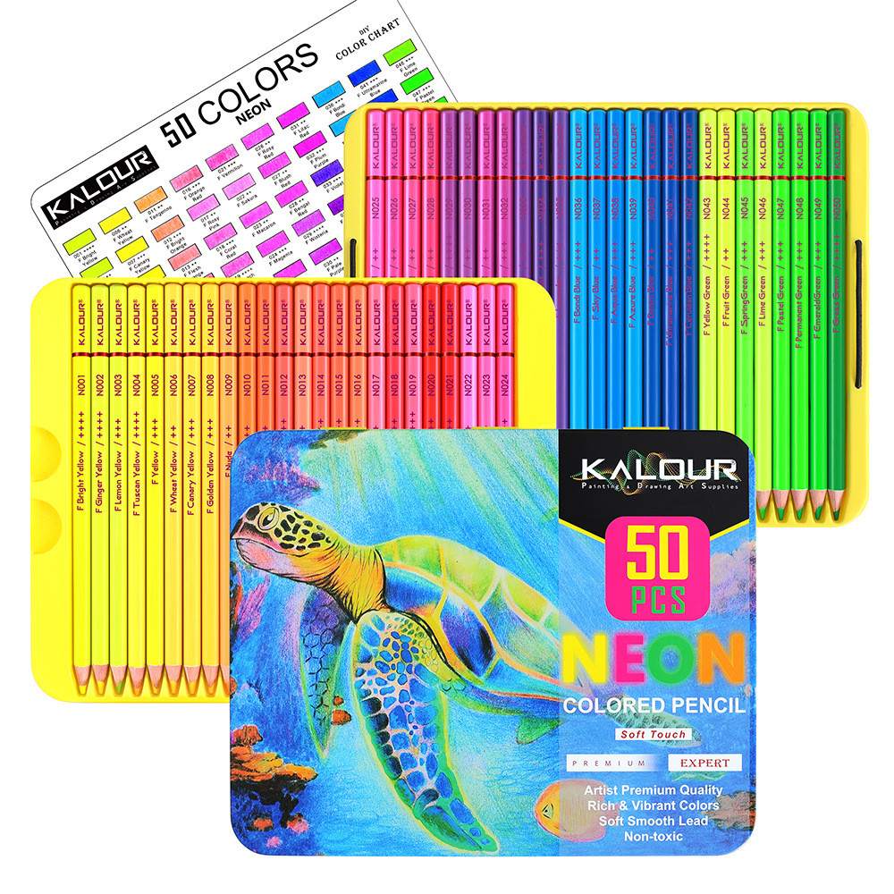 

KALOUR 50pcs Colored Soft Core Pencils With Tin Box, Fluorescent Neon Colored Professional Drawing Pencils Set, Art Supplies Fo