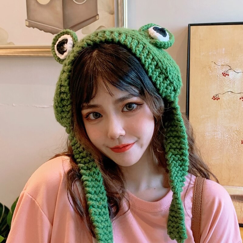 Frog Headband Handmade Wool Knitted Women Winter Warm Sweet Cute Ear Hat