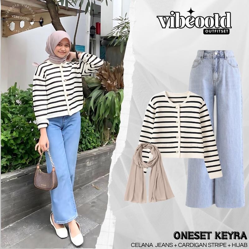 Keyra Outfit Set Wanita Hijab ( Celana Kulot Jeans Denim Panjang + Atasan Cardigan Stripe Salur Teba
