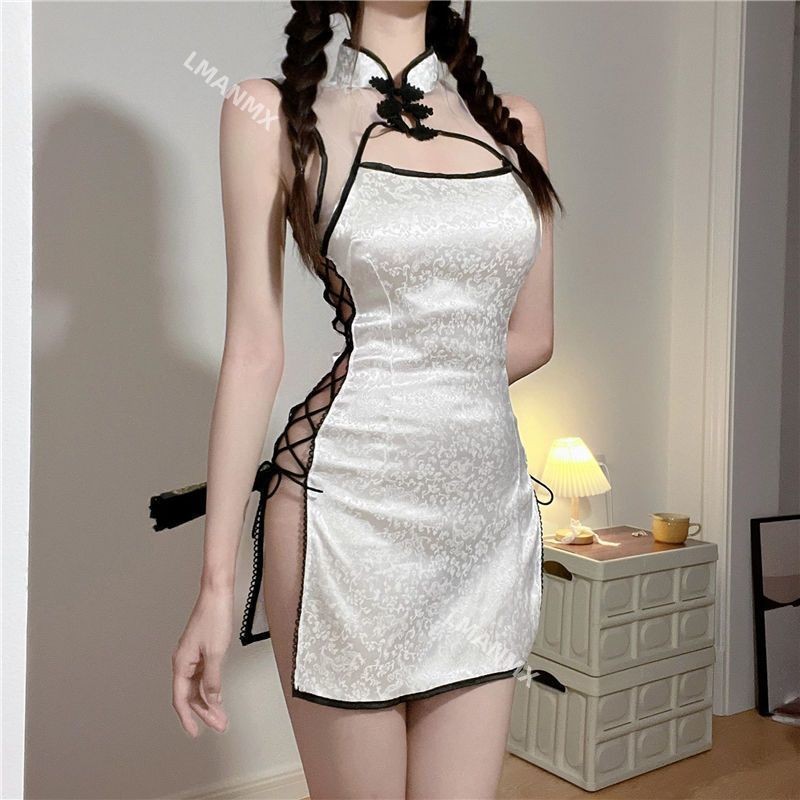 Sexy High Slit Hollow Lace Cheongsam Skirt Set Bandage Pajamas Erotic Lingerie Traditional Chinese Q