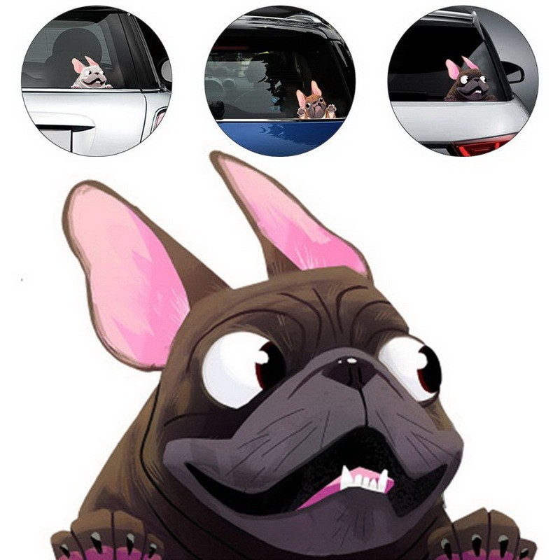 Stiker Mobil Bulldog Prancis Simulasi 3D Stiker Kartun Hewan Anjing Stereo 3D Stiker Tahan Air