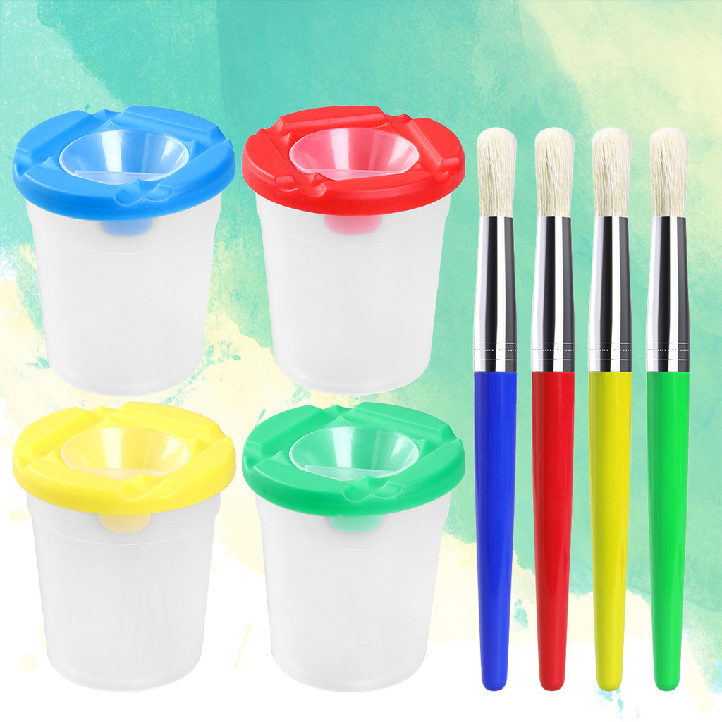 

4 Colors Paint Brush for Kids Painting Stippler Washable Refillable Blending Pens Clean Cups Set