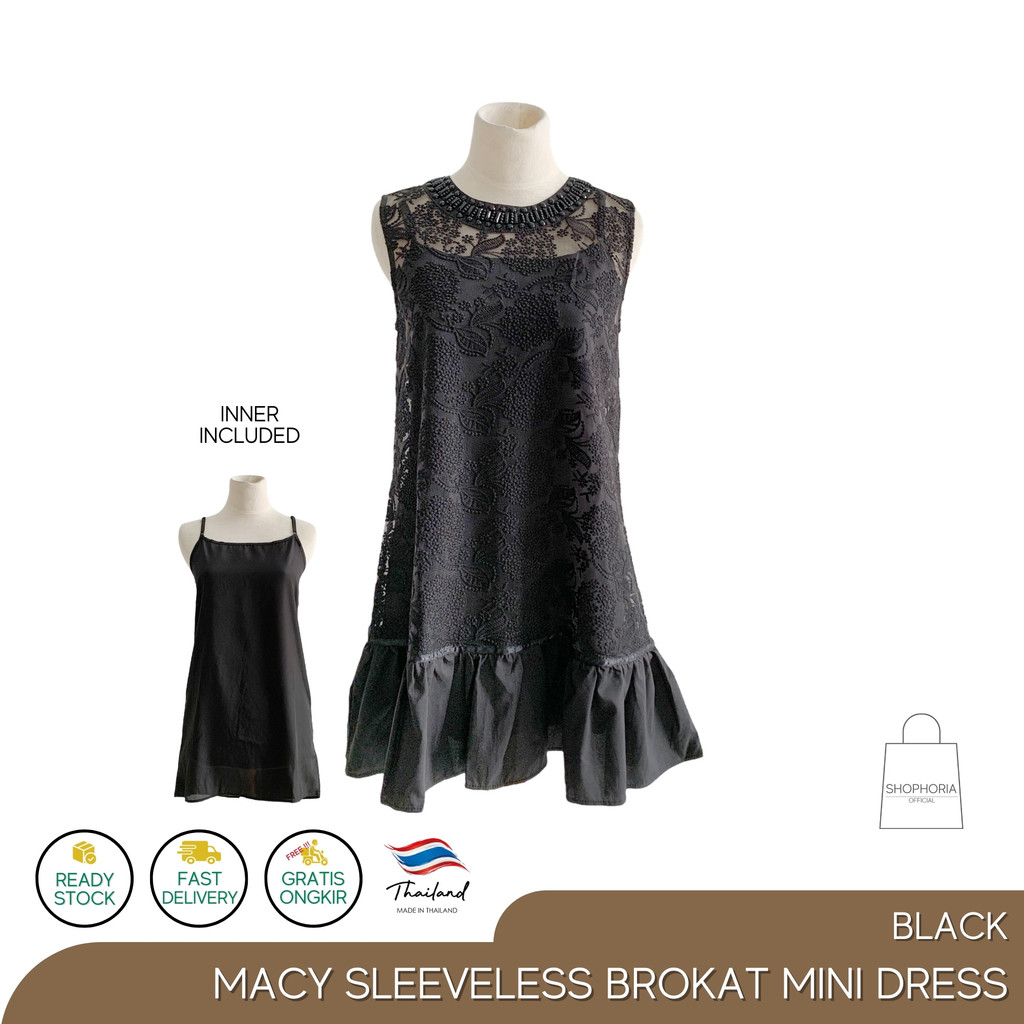 Baju Dress Terusan Wanita Macy Brukat Hitam Tanpa Lengan Thailand