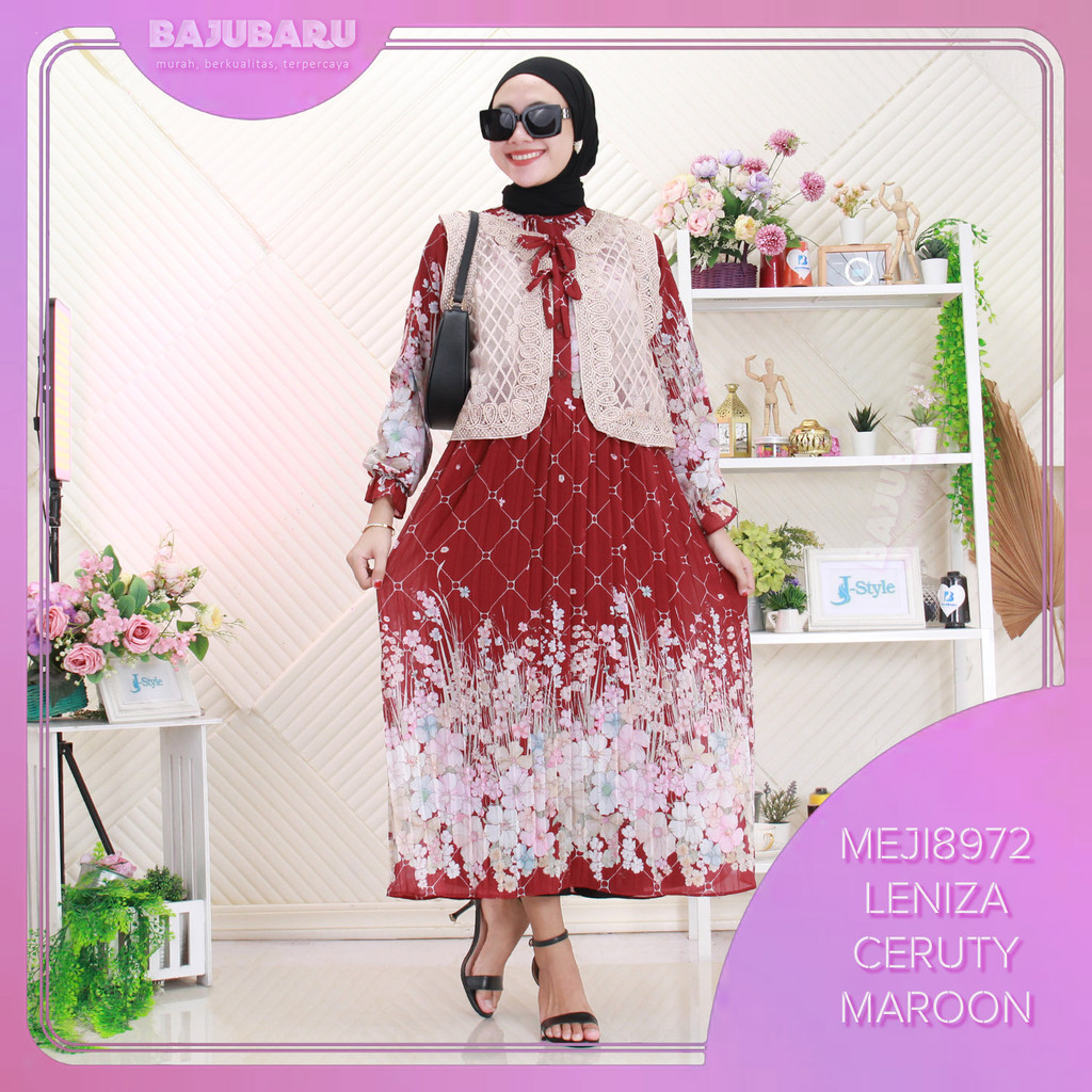 Leniza Midi Dress Wanita Muslimah Rompi Renda Brukat Ceruty Babydoll