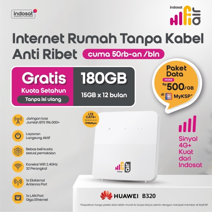 Huawei B320 Indosat HiFi Air 4G CPE 5s Modem Wifi 195Mbps Free Kuota 180GB