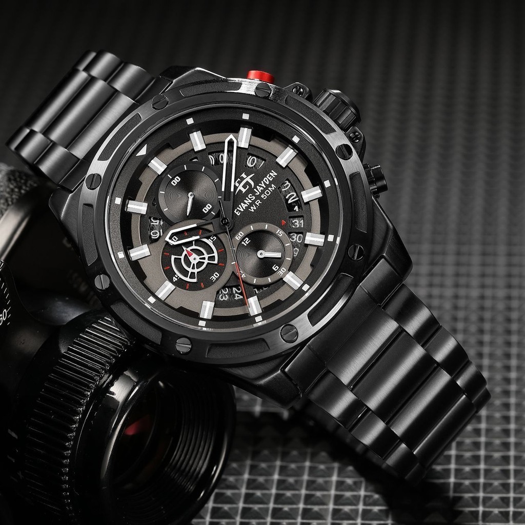 Evans Jayden Jam Tangan Pria 9597 Rantai Stainless Steel Chrono Kaca Sapphire 5 ATM