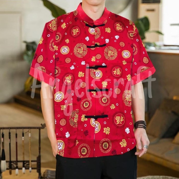 promo ✨ -ATASAN KEMEJA CHEONGSAM IMLEK PRIA REMAJA DESA BAHAN SATIN - L