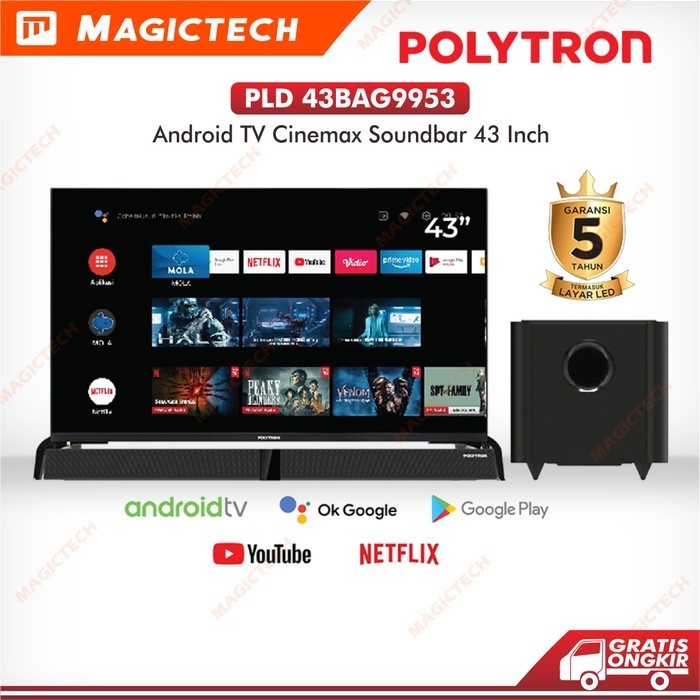 PROMO HARI RAYA TV LED POLYTRON 43 INCH 43” PLD 43BAG9953 ANDROID SMART TV CINEMAX SOUNDBAR