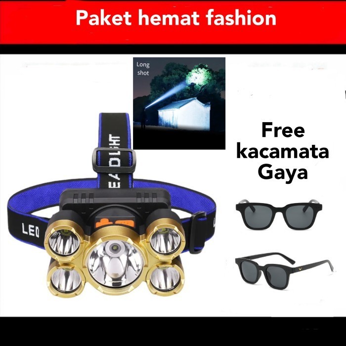 PROMO... senter kepala Mini 5 LED Tali biru cocok untuk bepergian jauh bersepeda mancing. Free kacam