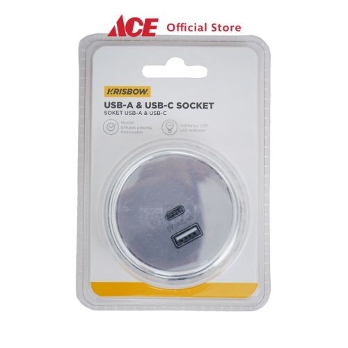 Ace Krisbow Stop Kontak Usb Type A & C Round - Silver Electric Socket Terminal Colokan Listrik Kotak Kontak Peralatan Elektronik-1