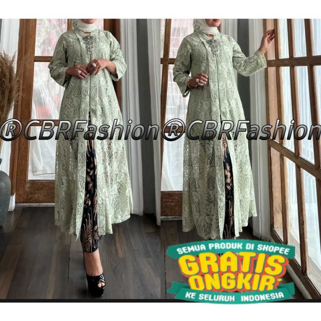 Setelan Kebaya Modern Long Tunik Model FLoy//Kebaya Brokat Busui Resleting Depan/ Menyala