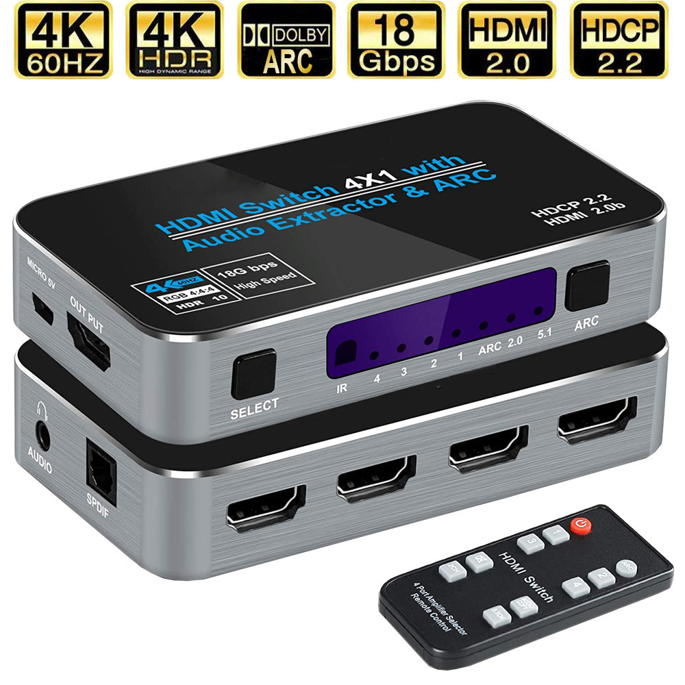 Mini 4x1 4K HDMI Switch Audio Extractor With ARC & Optical Toslink HDMI 2.0 Switch 4K 60Hz HDMI Swit