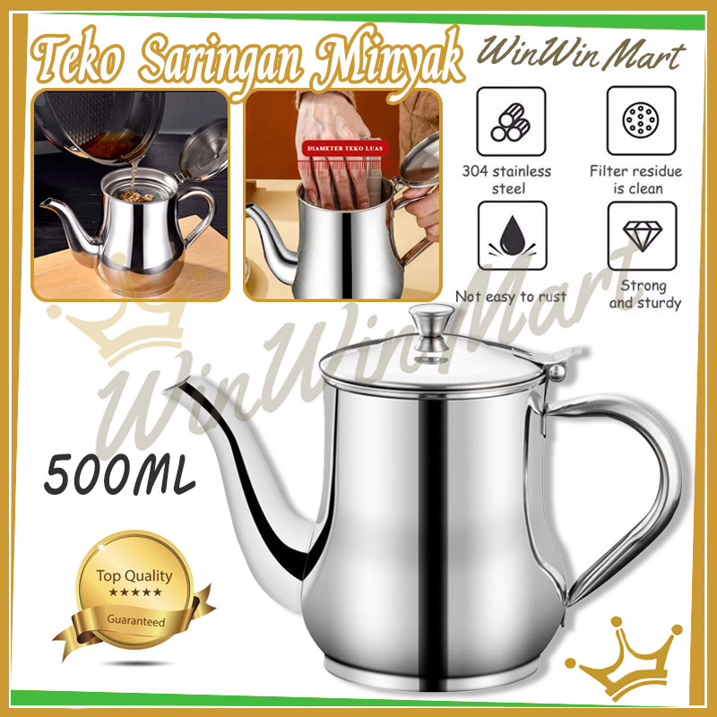 500ML Teko Saringan Minyak/Wadah Penyaring Minyak Stainless Steel/Wadah Penyaring Minyak Goreng Temp