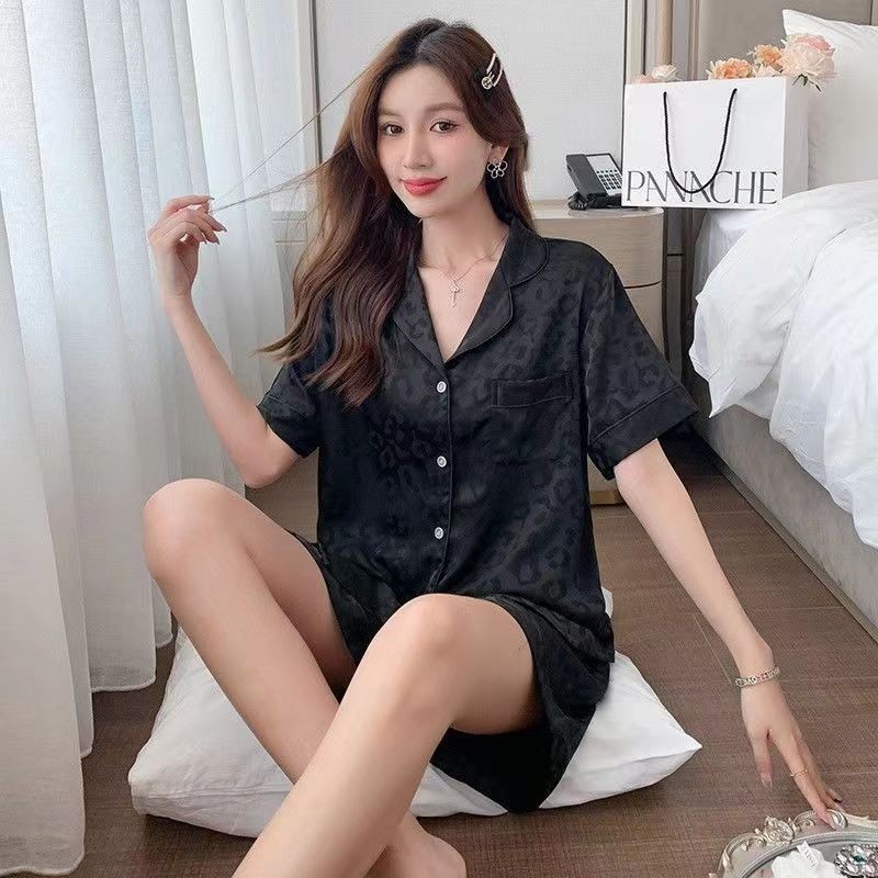 PROMO DISKON Piyama Wanita Satin Motif Macan Tutul / Set Baju Tidur Lengan Pendek