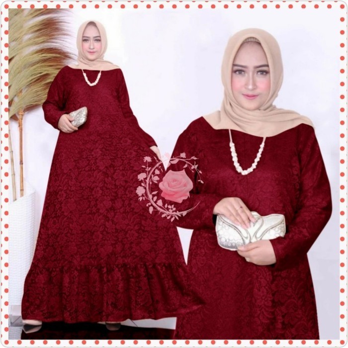 Gamis pesta brukat XXXL puspa maroon maxi brokat 3XL murah -Agr