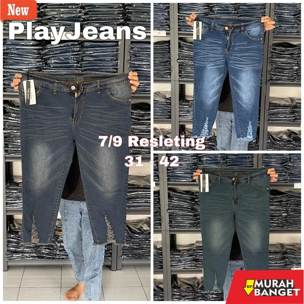 Denim Panjang Wanita Celana Jeans 7/9 Sobek Jumbo Pinggang Resleting 7/9 Bigsize Sobek