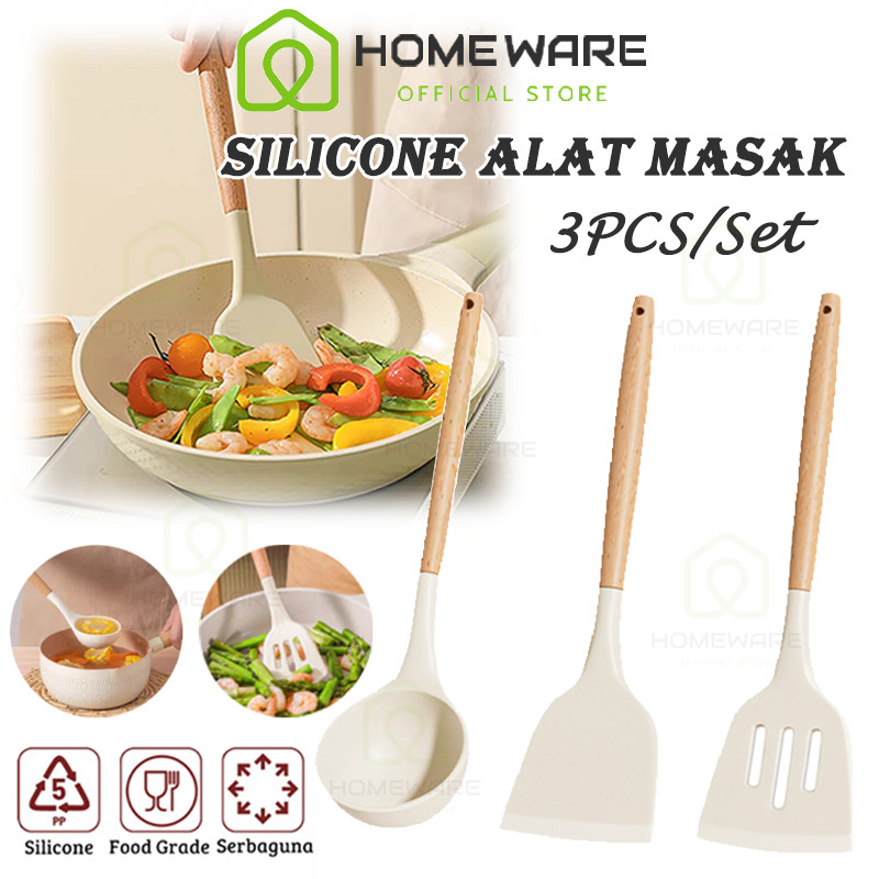 Home Ware 3PCS/Set Wadah Spatula Spatula Set Silikon Tahan Panas Pegangan Kayu Baking Set Alat Masak