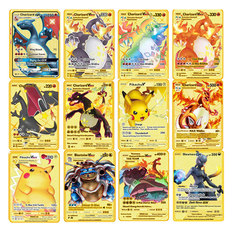 Pokemon English Metal Card Anime Pikachu Charizard Mewtwo Blastoise  Vmax Shiny Letters Game Collect