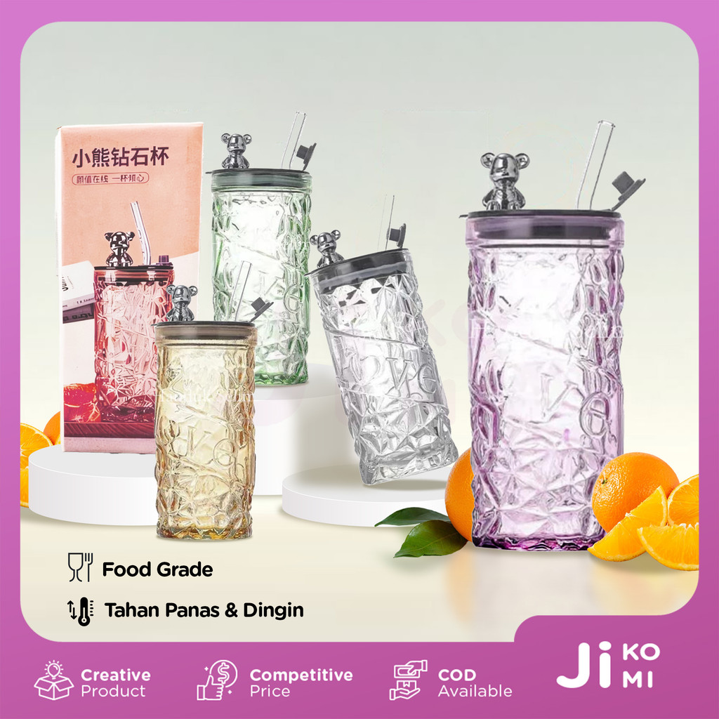 Gelas Kaca Beruang 420 ML Botol Air Minum Tumbler Motif Kristal Anti Tumpah Estetik Food Grade - JI