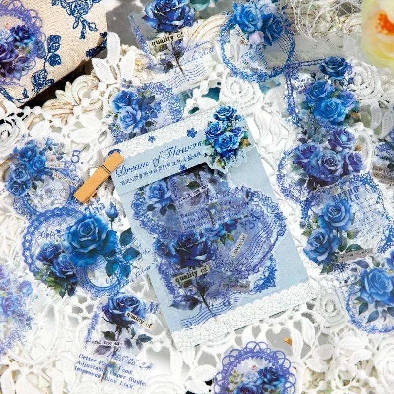 

30Pcs PET Sticker pack Flowers into dream Retro flower Ice Blue Roses Stationery handbook materials Scrapbook Cut 157*88MM