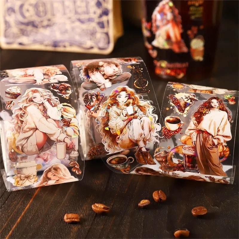 

1Roll 2M PET Tape Coffee Girl Americano Light Handbook Diary Decoration Material Adhesives Sticker Scrapbook Cut 50mm*2M