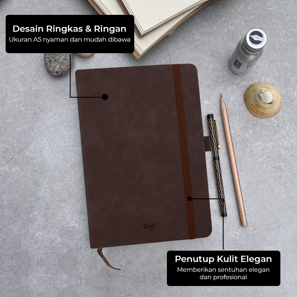 

02 - Toddi Buku Jurnal Leather Notebook Diary A5 70GSM 180 Halaman Grid - TD102 - Chocolate SALE