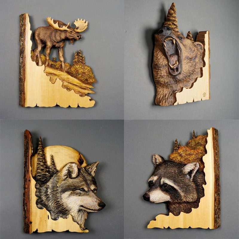 

New Animal Carving Handcraft Wall Hanging Sculpture Wood Raccoon Bear Deer Hand Painted Decoration for Home Living Room Gifts