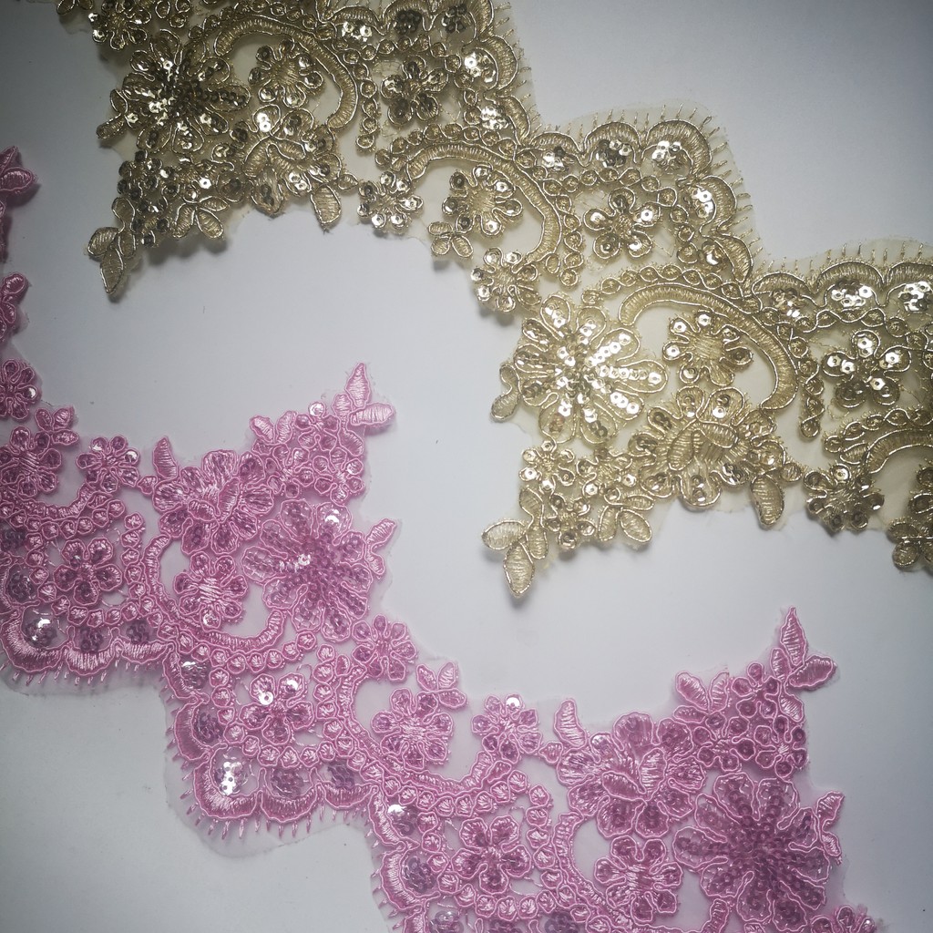 

1Yard 13.5cm wide Hot Sale Gold Pink Lace Trim Luxury Embroidery Lace Fabric for Wedding Dresses