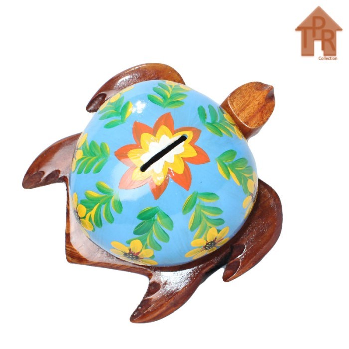 NIRMALA Kerajinan Batok Kelapa│Celengan Kura Natural - Bunga BG biru