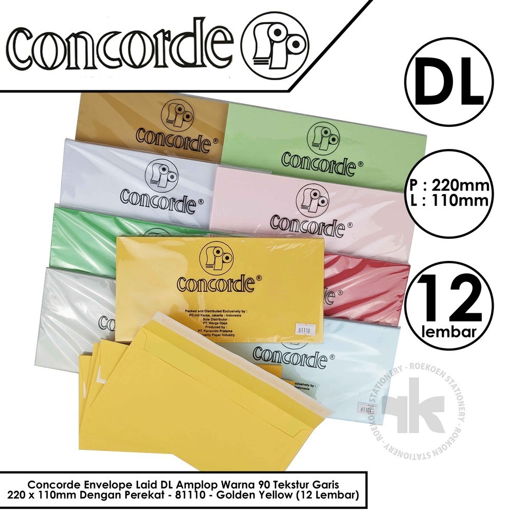 

Concorde Envelope Laid DL Amplop Warna 90 Tekstur Garis 220 x 110mm Dengan Perekat (12Lembar)